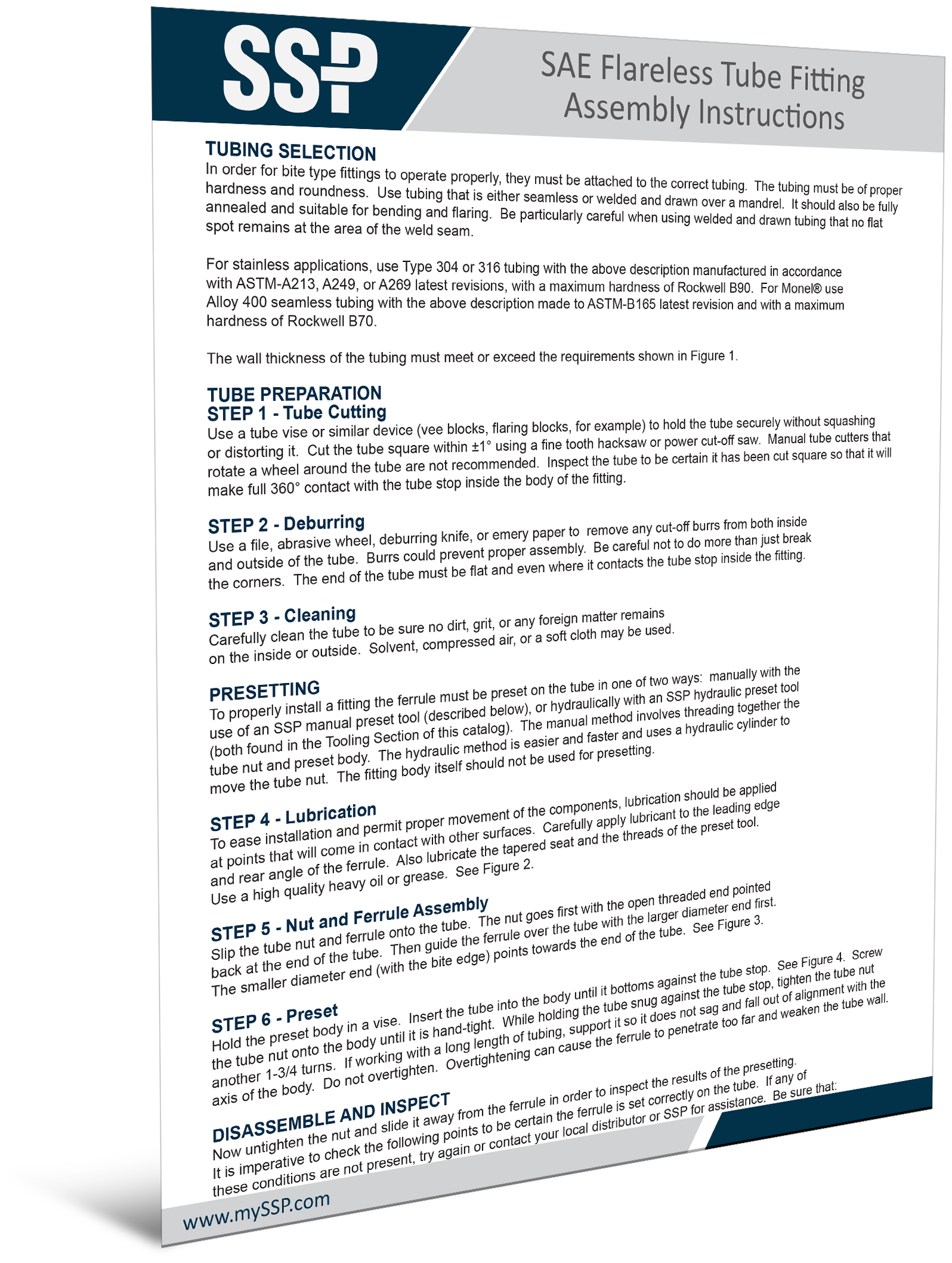 Tube Fittings SAE Flareless Installation Instructions