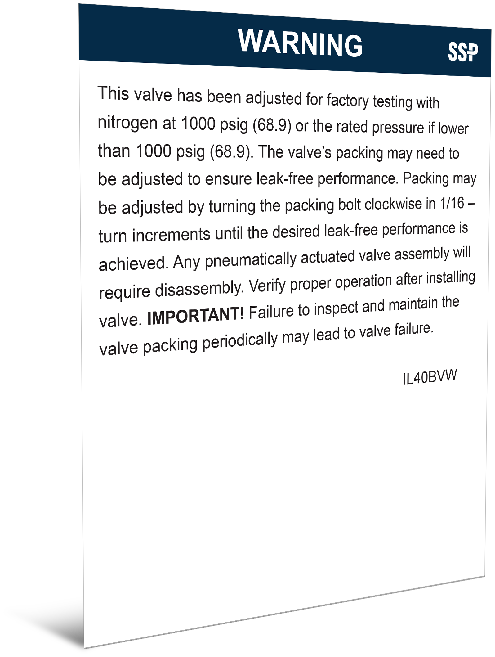 EB Series Valve Packing Adjustment Warning Card